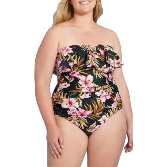 Kona Sol Tropical Floral Strapless OnePiece Full Coverage Ruffle Bust Ruched 18W - Picture 1 of 8